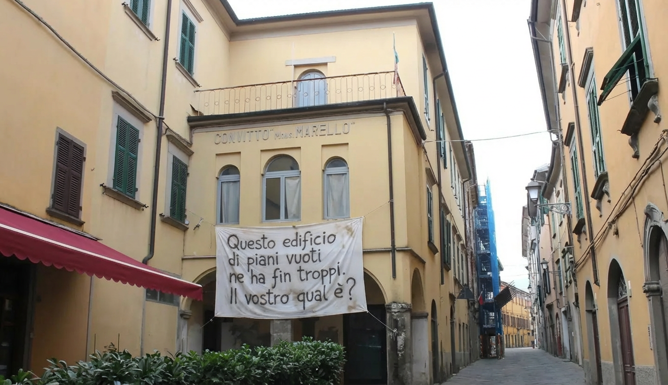 Ex Convitto Marello, Pontremoli — striscione: questo edificio di piani vuoti ne ha fin troppi. Il vostro qual è?